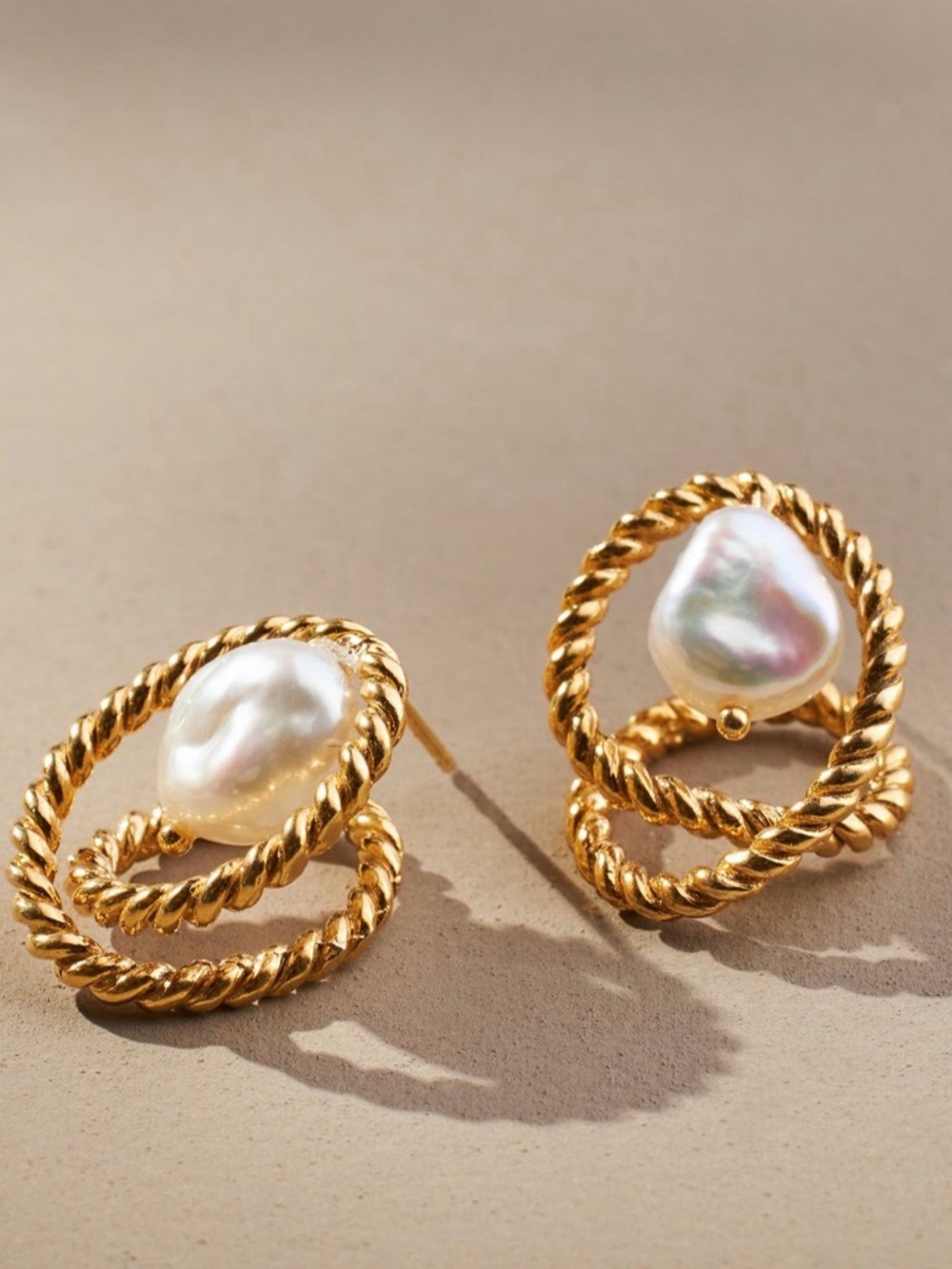 Anthropologie Gold Rope Hoop Earrings with White Fresh Water Pearls